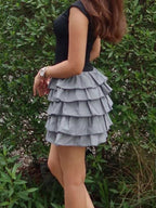 Shopimist layered ruffle round neck mini dress with feminine design and flattering fit, shown on a model.