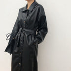 Women's Long PU Leather Jacket | Polo Collar Lace Detail Coat