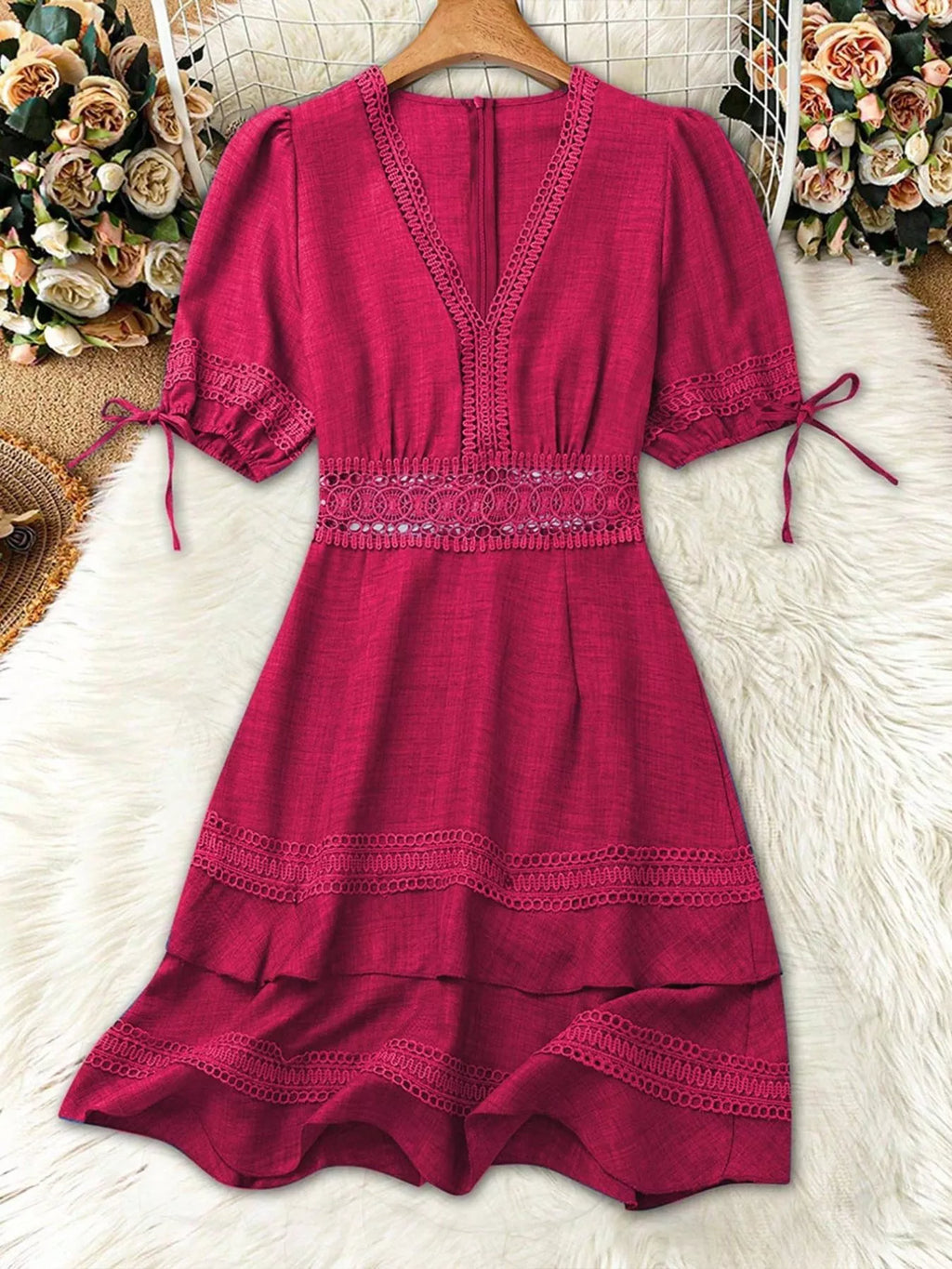 Lace detail V-neck mini dress by Shopimist featuring delicate lace accents and a fitted silhouette on a model.