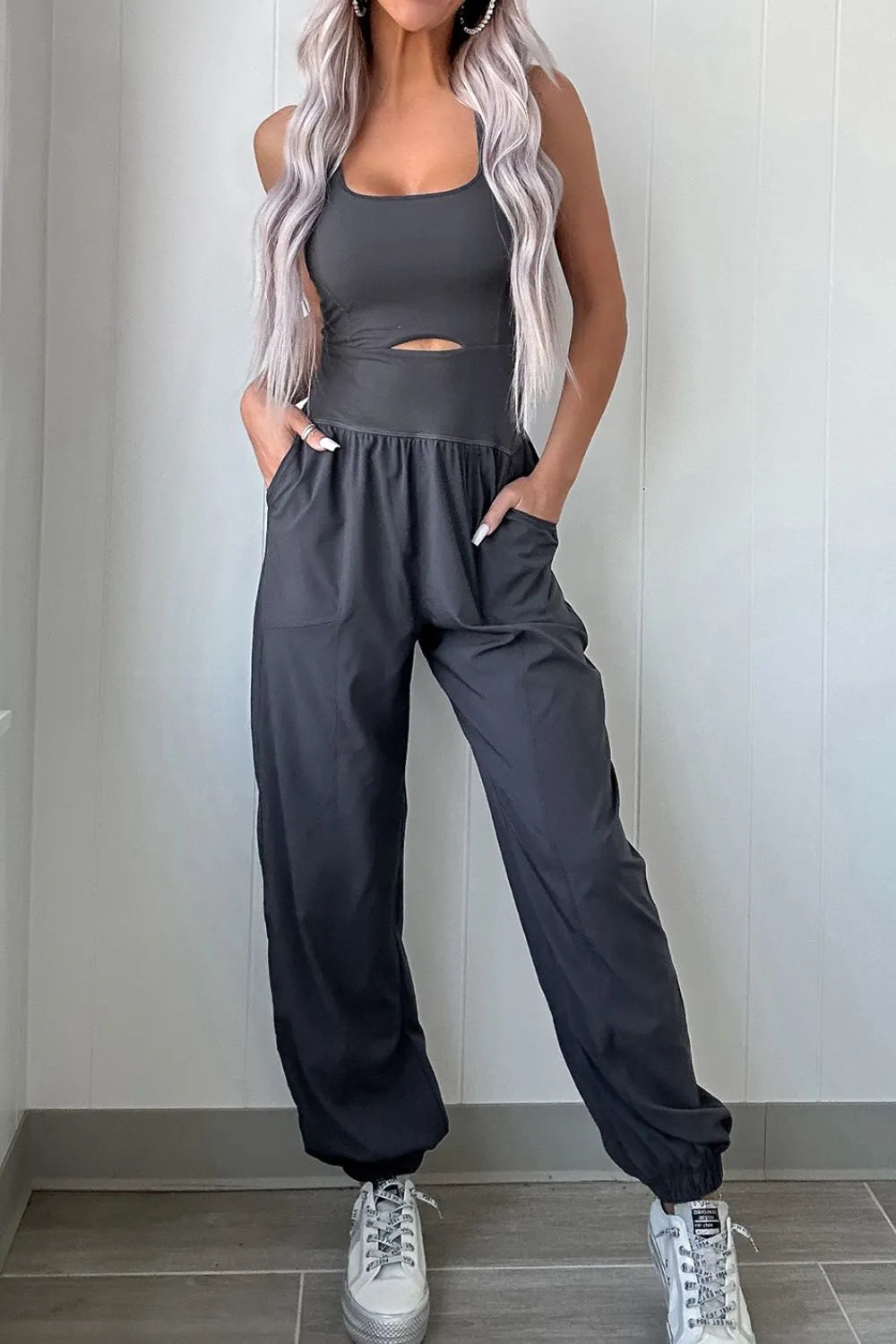 Plush Fashion Hub active jumpsuit with cutout square neckline and wide straps, designed for active wear and athletic activities.