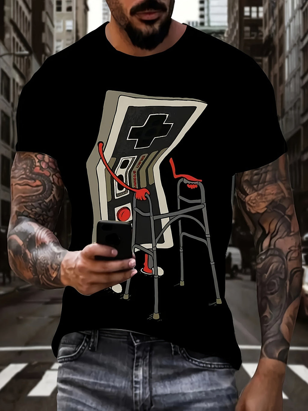 Plus size men's streetwear graphic shirt featuring game controller design, casual streetwear tee by Plush Fashion Hub.