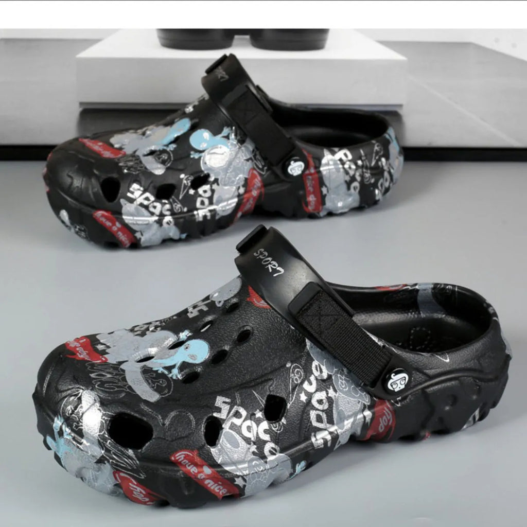Men's printed platform sandals by Plush Fashion Hub, showing stylish footwear with bold patterns and chunky soles.