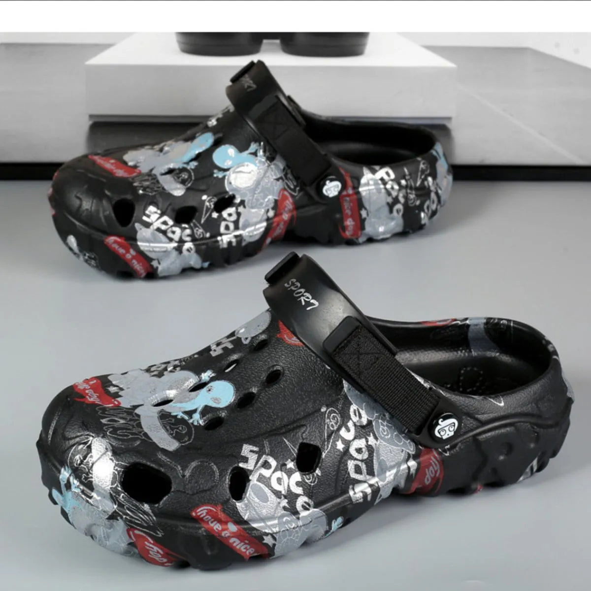 Men's printed platform sandals by Plush Fashion Hub, showing stylish footwear with bold patterns and chunky soles.