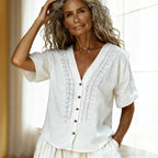 Women's loose-fit faux linen embroidered button-up top by FitiqueFit, casualwear with detailed embroidery and relaxed style.