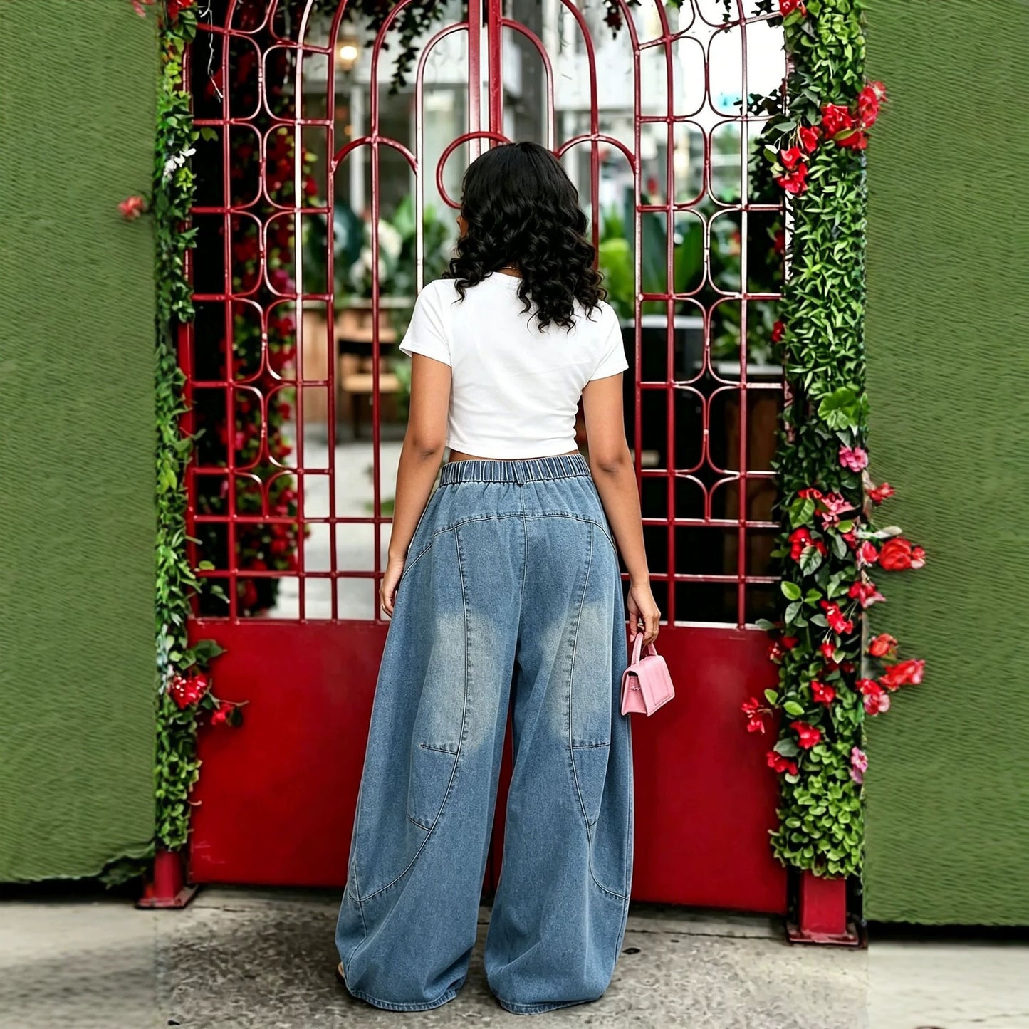 Oversized washed denim jeans with deconstructed knife-edge design by Plush Fashion Hub, showcasing distressed details and relaxed fit.