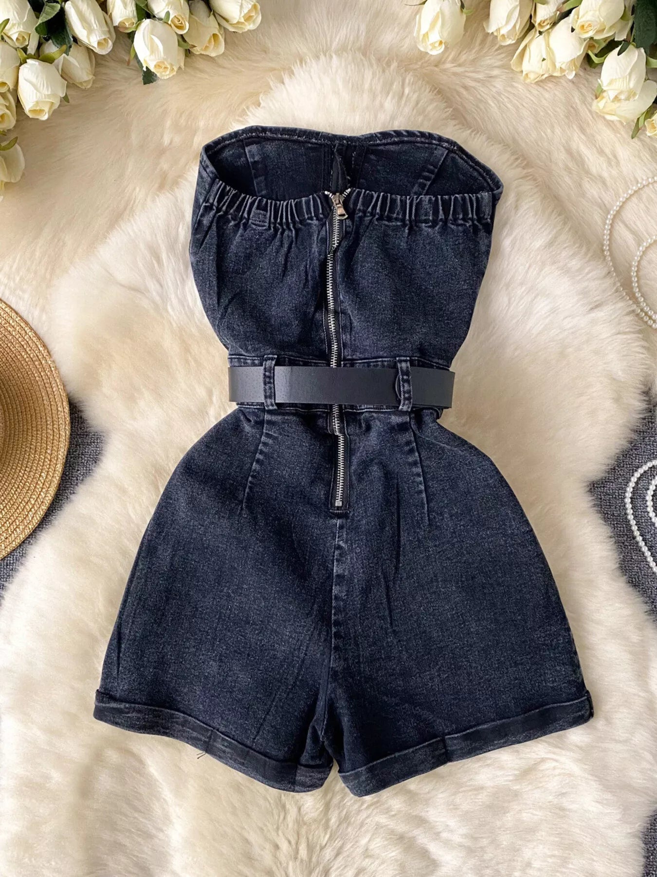 Plaid strapless denim romper with front pockets, full-body jumpsuit by Plush Fashion Hub, displayed on a neutral background.
