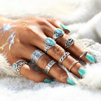 Set of 10 artificial turquoise alloy rings featuring stylish designs, perfect for trendy jewelry accessories.