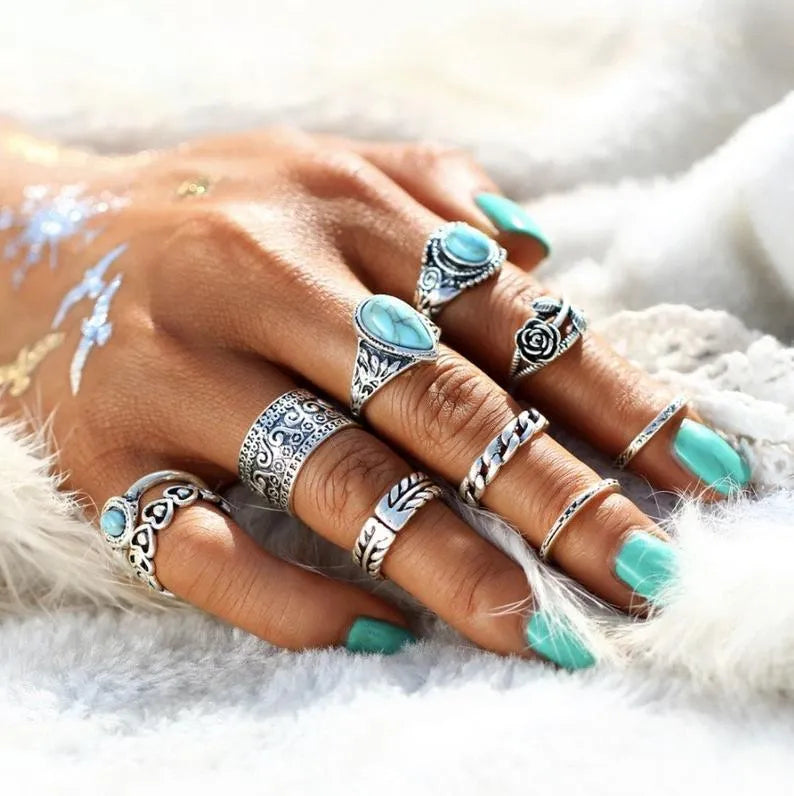 Set of 10 artificial turquoise alloy rings featuring various styles, perfect for fashion accessories and jewelry collection.