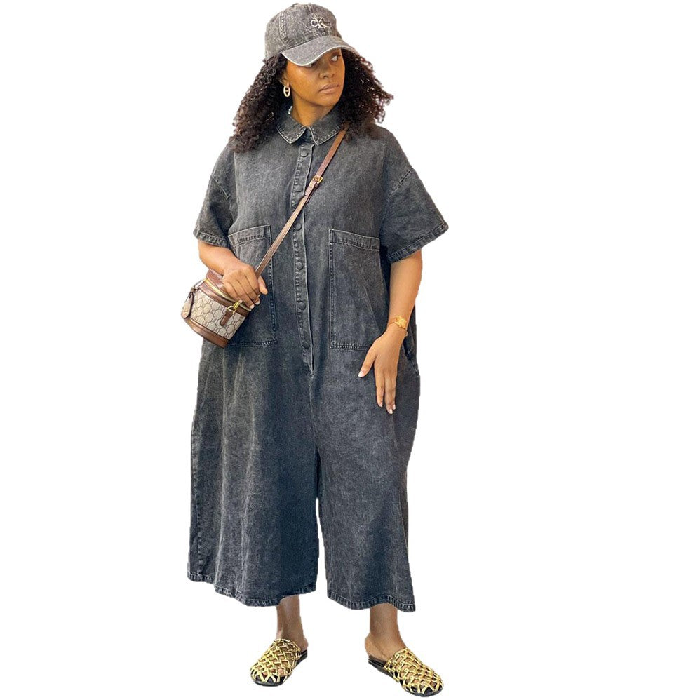 Women'sDenim Jumpsuit Washed Single-Button Short Sleeve Loose Jumpsuit