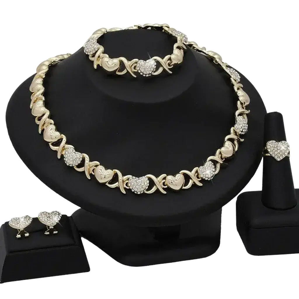 18K gold heart-shaped pendant necklace and matching earrings set from Plush Fashion Hub, elegant women's jewelry gift set.
