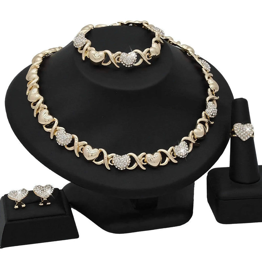 18K gold heart-shaped pendant necklace and matching earrings jewelry set for women, elegant gift from Plush Fashion Hub.