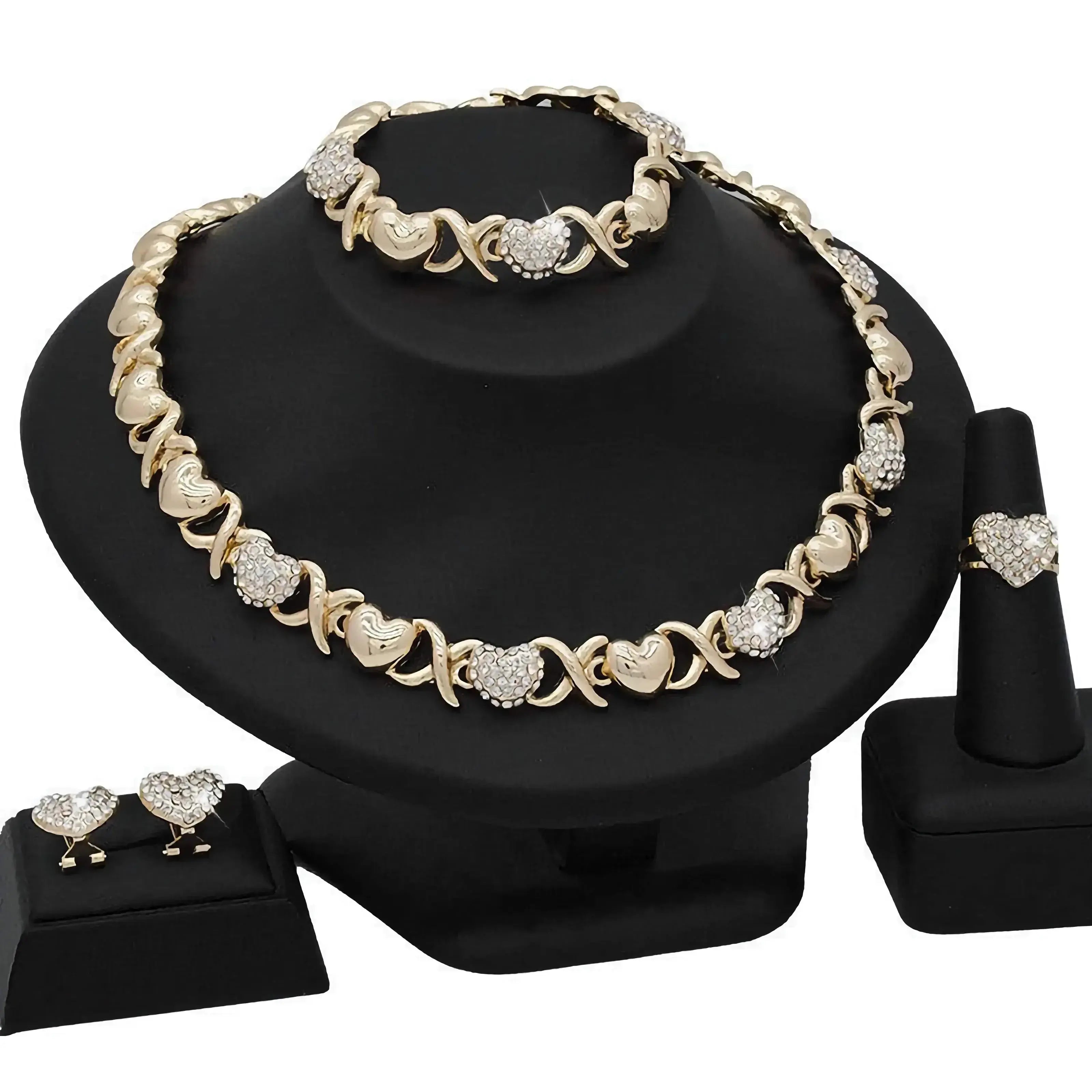 18K gold heart-shaped pendant necklace and matching earrings jewelry set for women, elegant gift from Plush Fashion Hub.