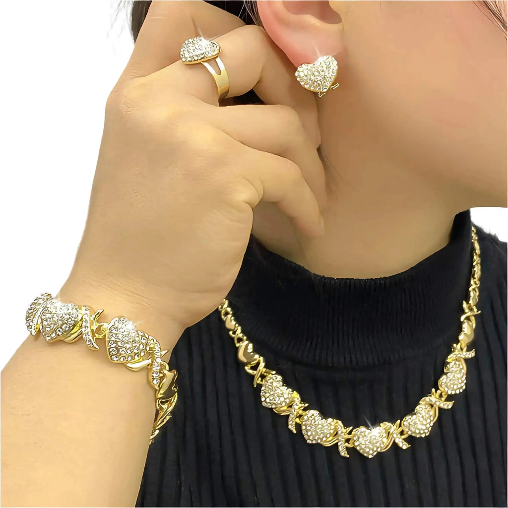 18K gold heart-shaped pendant necklace and matching earrings set from Plush Fashion Hub, women's jewelry gift set.