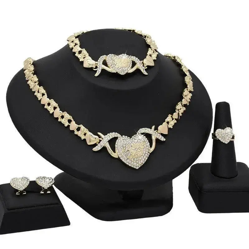 18K gold heart-shaped pendant necklace and matching earrings set from Plush Fashion Hub, elegant women's jewelry gift set.