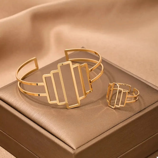 18K Gold-Plated Open Bracelet and Ring Jewelry Set - Plush Fashion Hub