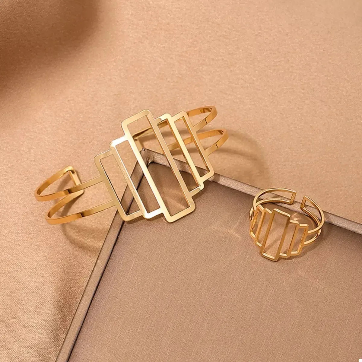 18K Gold-Plated Open Bracelet and Ring Jewelry Set - Plush Fashion Hub