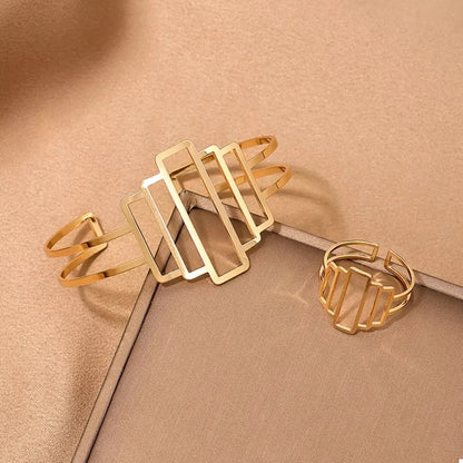18K Gold-Plated Open Bracelet and Ring Jewelry Set - Plush Fashion Hub