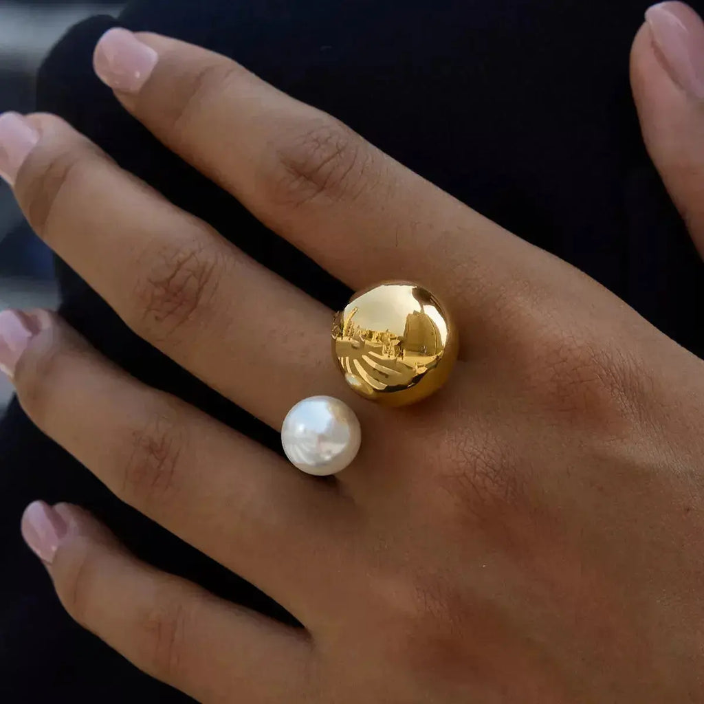 18K gold-plated celestial pearl and orb open ring, adjustable statement jewelry with intricate design, by Plush Fashion Hub.