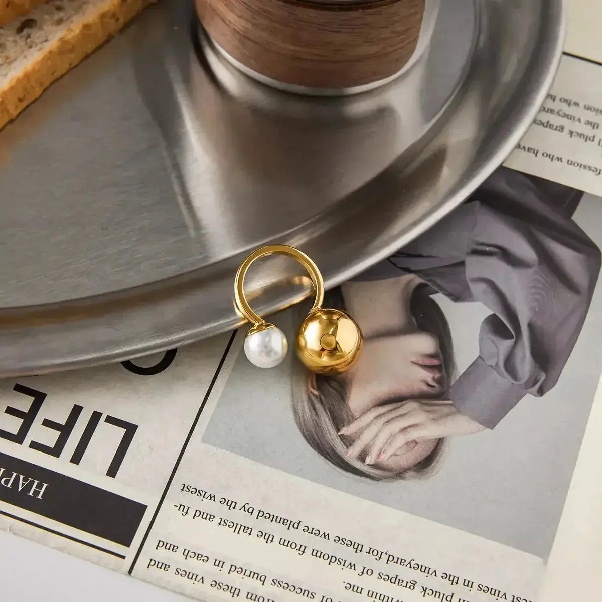 18K gold-plated celestial pearl and orb open ring, adjustable statement jewelry with intricate design and elegant finish.