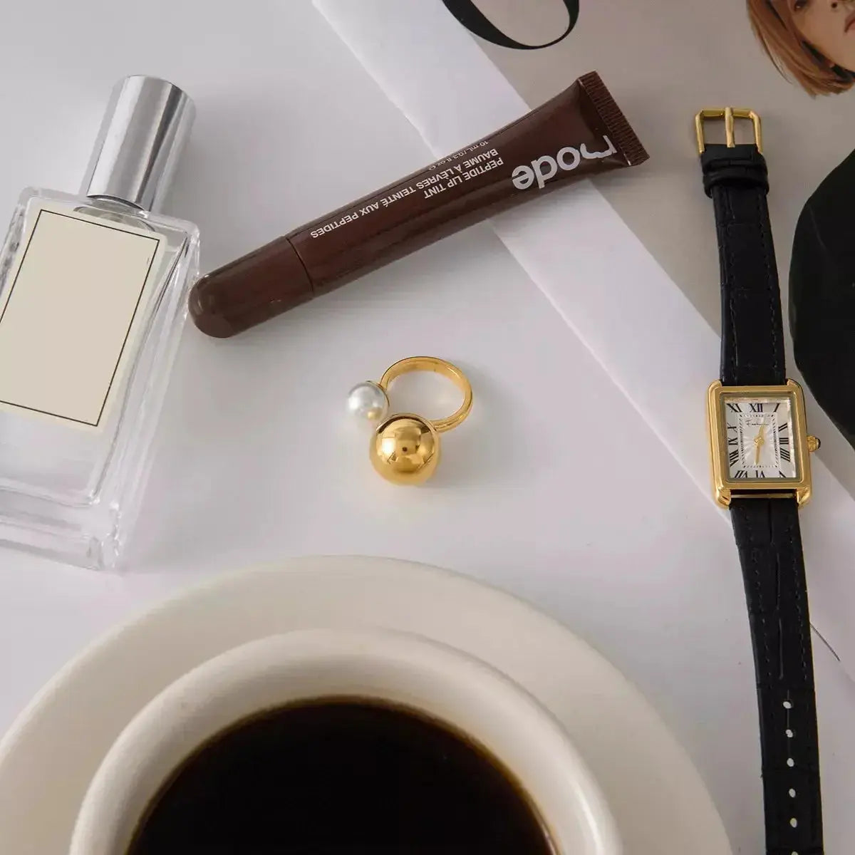 18K gold-plated celestial pearl and orb open ring featuring adjustable design, statement jewelry by Plush Fashion Hub