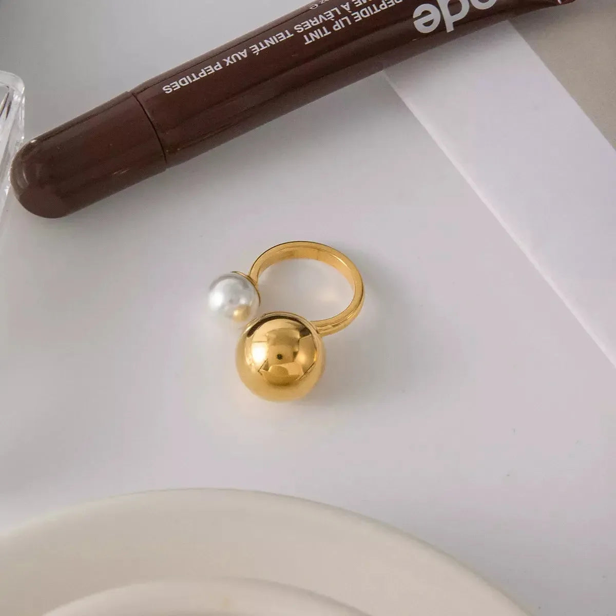 18K Gold-Plated Orb & Pearl Open Ring - Plush Fashion Hub