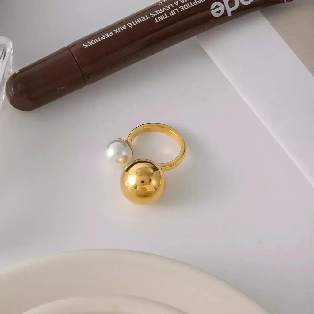 18K gold-plated celestial pearl open ring with orb design, adjustable statement jewelry by Plush Fashion Hub.