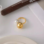18K gold-plated celestial pearl open ring with orb design, adjustable statement jewelry by Plush Fashion Hub.