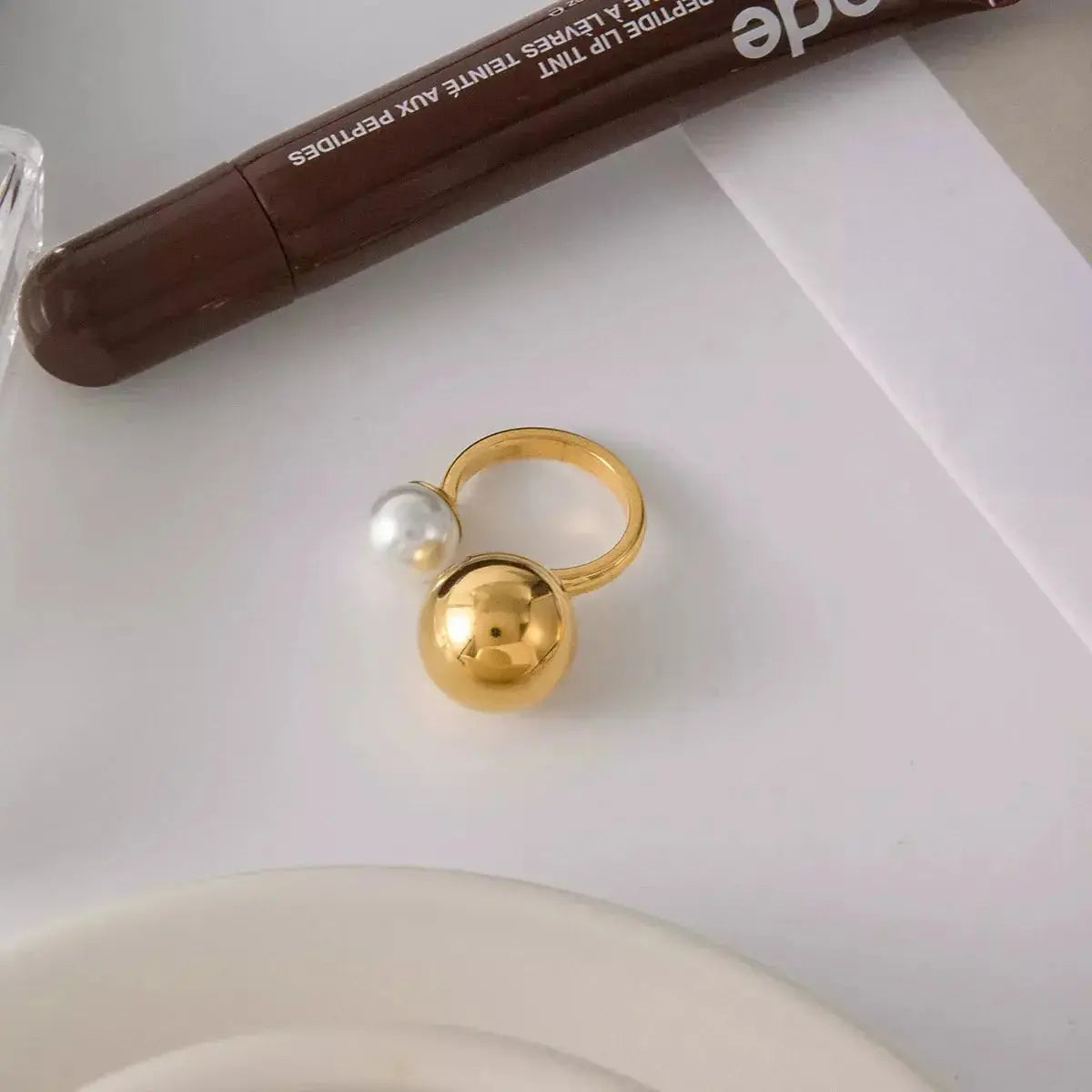 18K gold-plated celestial pearl open ring with orb design, adjustable statement jewelry by Plush Fashion Hub.