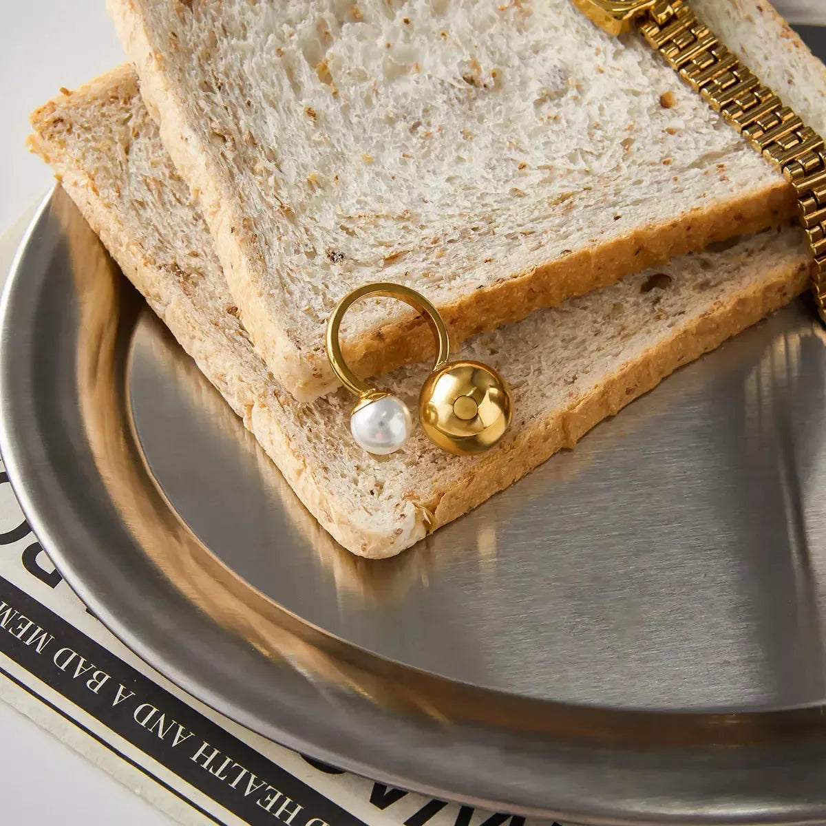 18K Gold-Plated Orb & Pearl Open Ring - Plush Fashion Hub