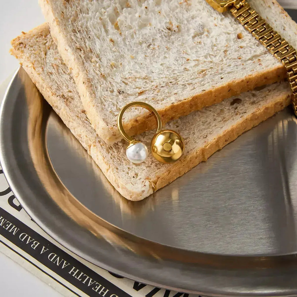 18K gold-plated celestial pearl open ring with orb design, adjustable statement jewelry from Plush Fashion Hub.