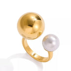 18K gold-plated celestial pearl and orb open ring, adjustable statement jewelry with intricate design and elegant finish.