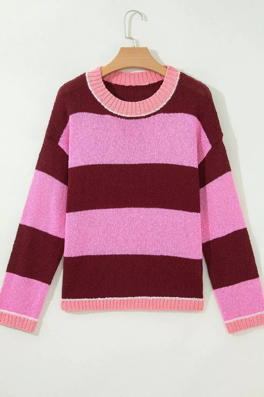 Striped drop shoulder long sleeve knit sweater in regular fit, featuring a cozy design and trendy style from Trendsi.