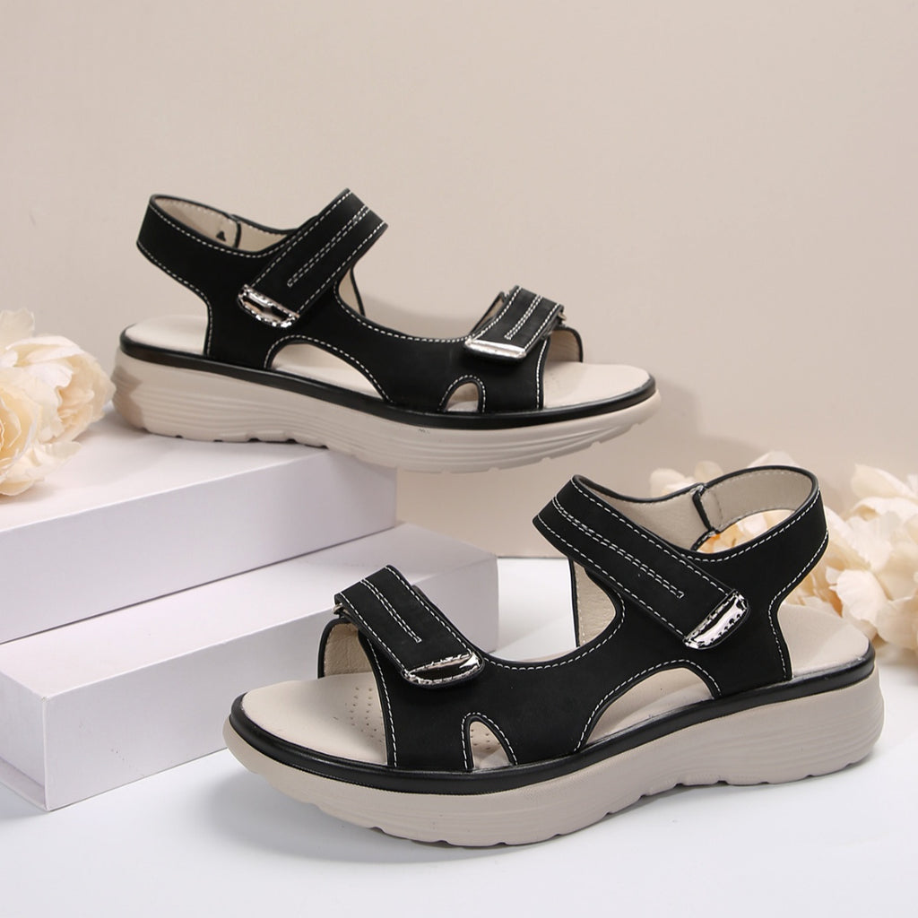 Women's adjustable Velcro open toe flat sandals by Trendsi, featuring comfortable walking shoe design and easy-to-use straps.