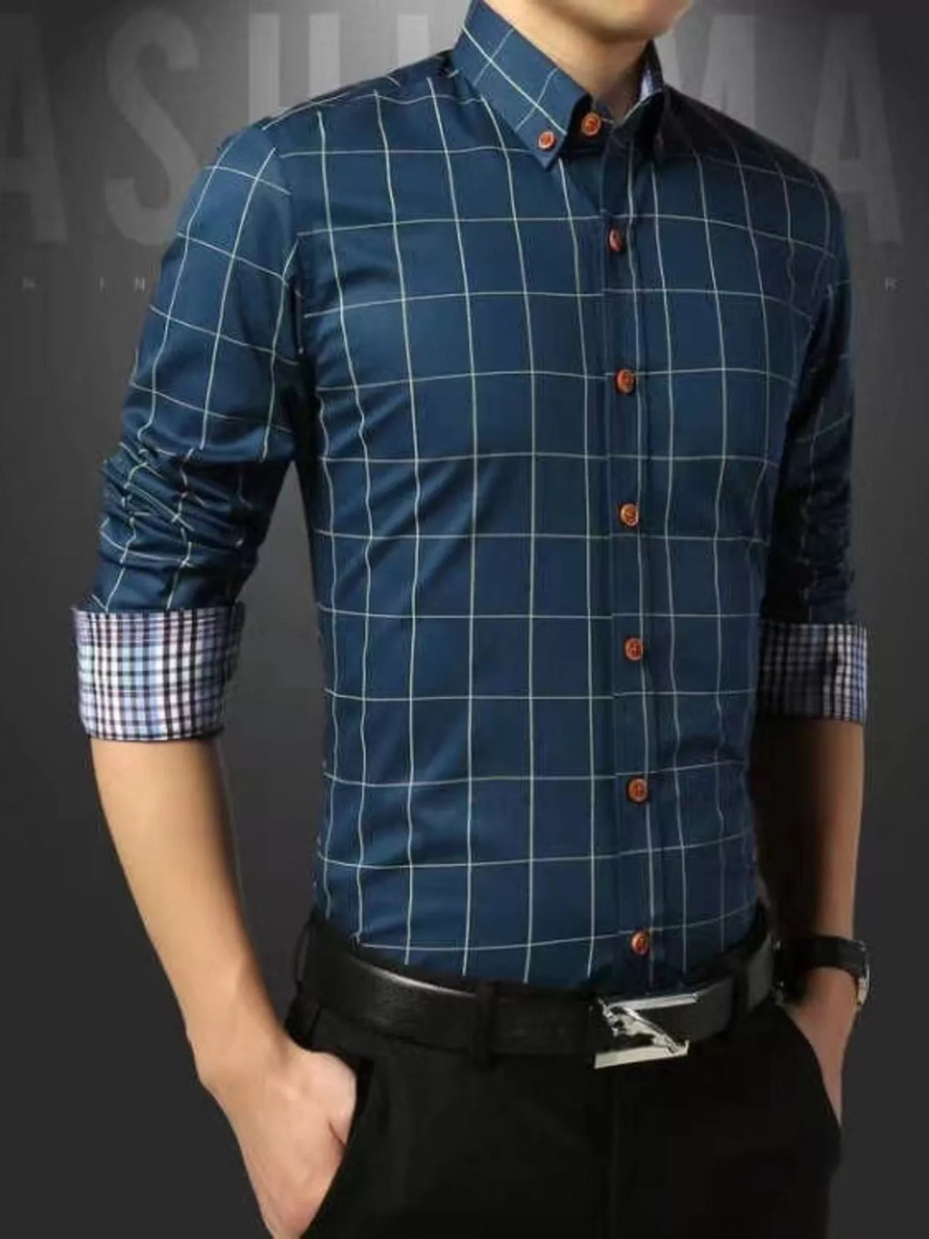 Plus size men's classic plaid button-down shirt in blue and white, casual fit, made by Trendsi.