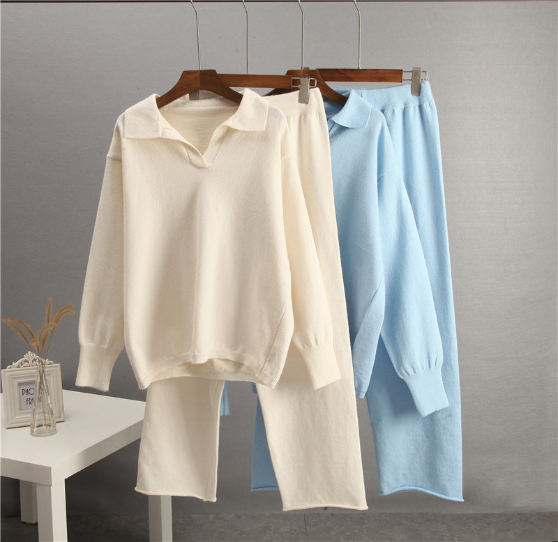 Solid color lapel sweater set for women by Plush Fashion Hub, casualwear with a cozy, stylish sweater and matching pants.