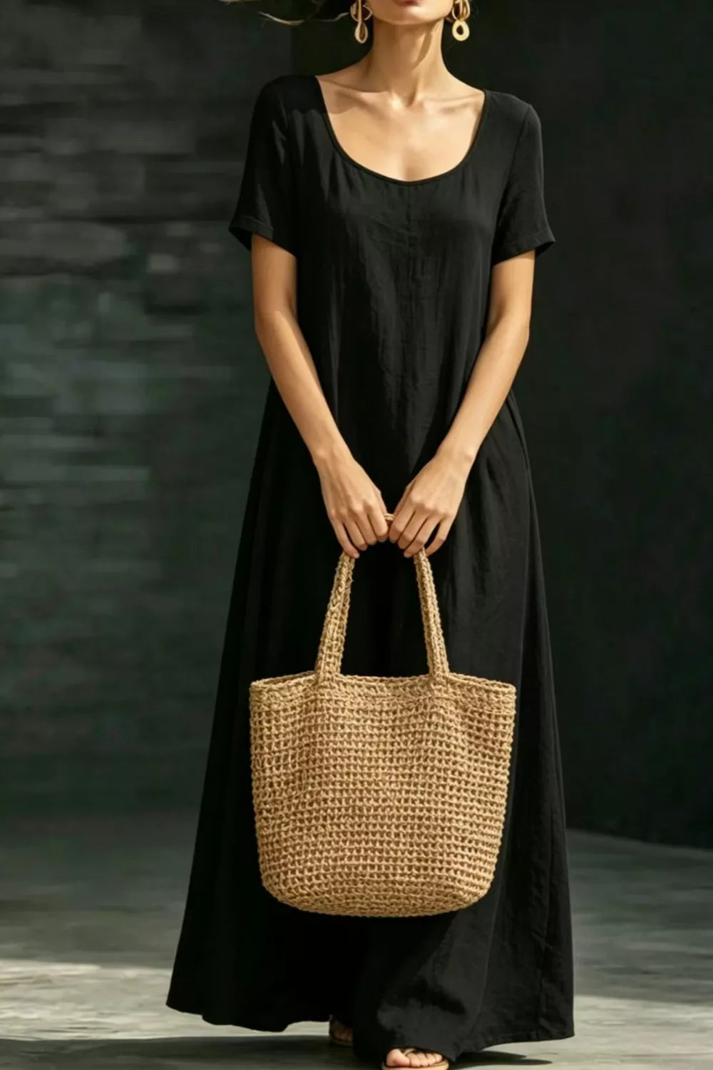 Plus size casual loose short sleeve maxi dress by Plush Fashion Hub, full length with a relaxed fit and simple design.