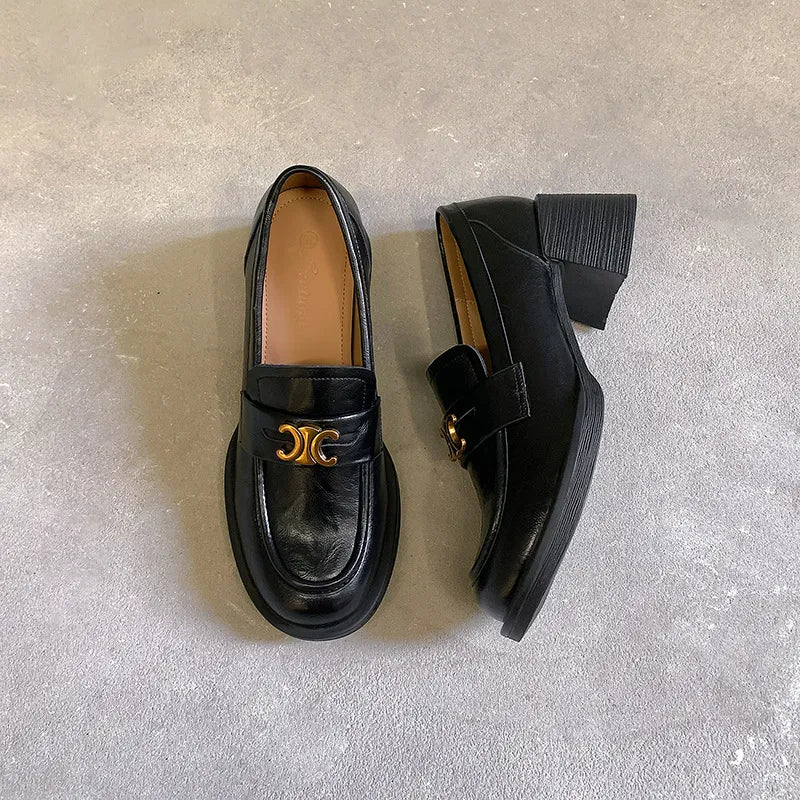 Trendsi round toe block heel loafers in black leather, featuring classic slip-on design and sturdy low heel for stylish comfort.