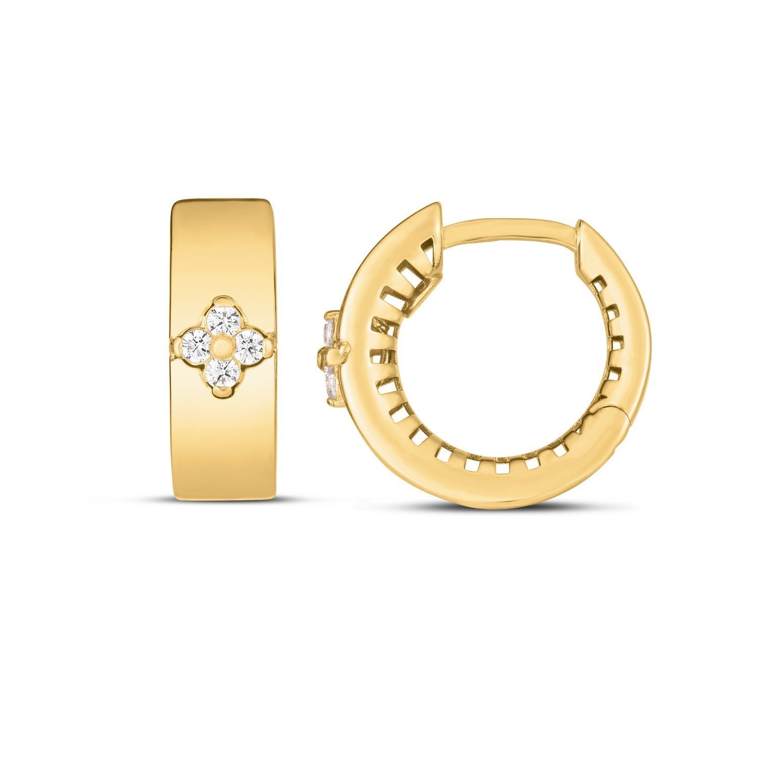 14k yellow gold trilogy diamond clover earrings with three sparkling diamond accents on each earring.