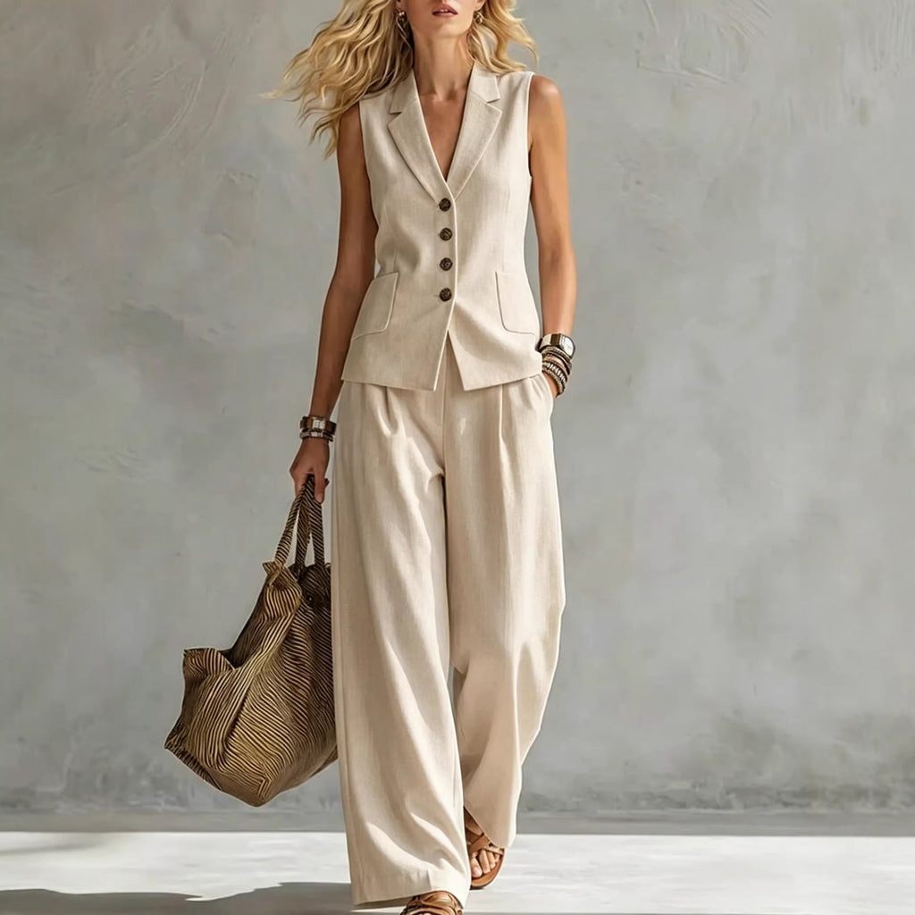 Women's solid linen sleeveless tank top and full-length pants set by FitiqueFit, casualwear with a relaxed fit in light linen fabric.