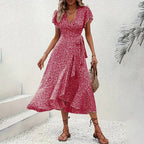 Flowy summer floral boho dress by FitiqueFit with short sleeves and ruffle details, perfect for casual wear and warm weather.