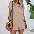 Women’s 2-piece summer lounge set from Plush Fashion Hub, featuring a relaxed top and comfortable shorts for casual wear.