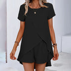 Women's 2-piece summer lounge set by Plush Fashion Hub, featuring a relaxed casualwear style with a top and matching shorts.