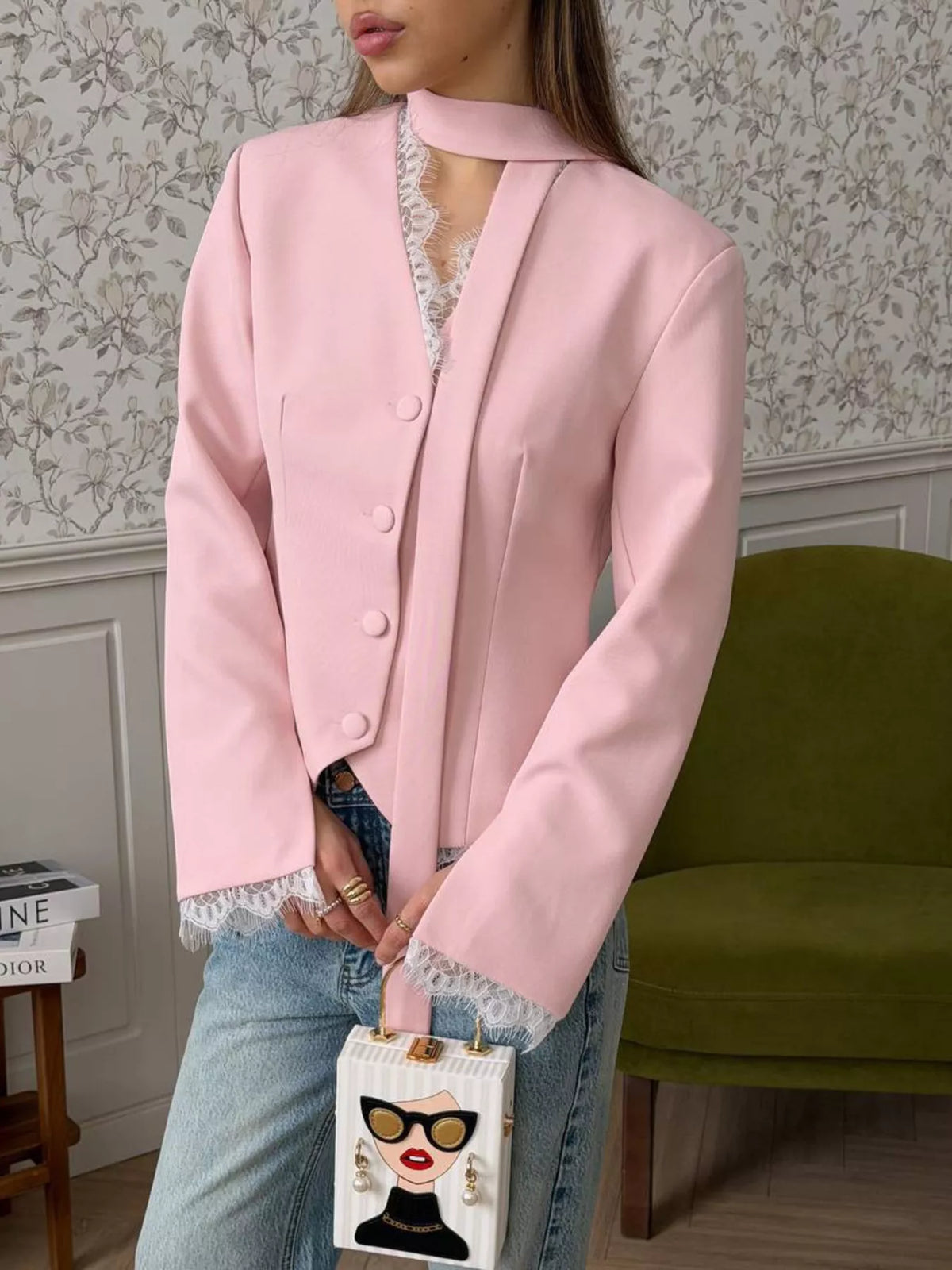 Lace trim button-up blazer from Trendsi featuring a tailored fit and elegant lace detailing on the collar and sleeves.