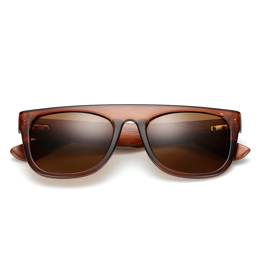 Black bamboo wooden arms sunglasses for men and women, stylish eyewear by FitiqueFit with eco-friendly wooden frame.