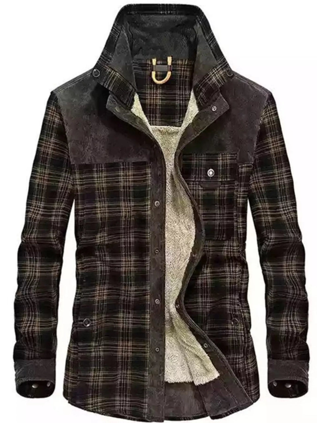 Men's plaid fleece-lined snap-down jacket in plus size by Shopimist, showing the front view with plaid pattern and snap buttons.