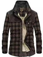 Men's plaid fleece-lined snap-down jacket in plus size by Shopimist, showing the front view with plaid pattern and snap buttons.