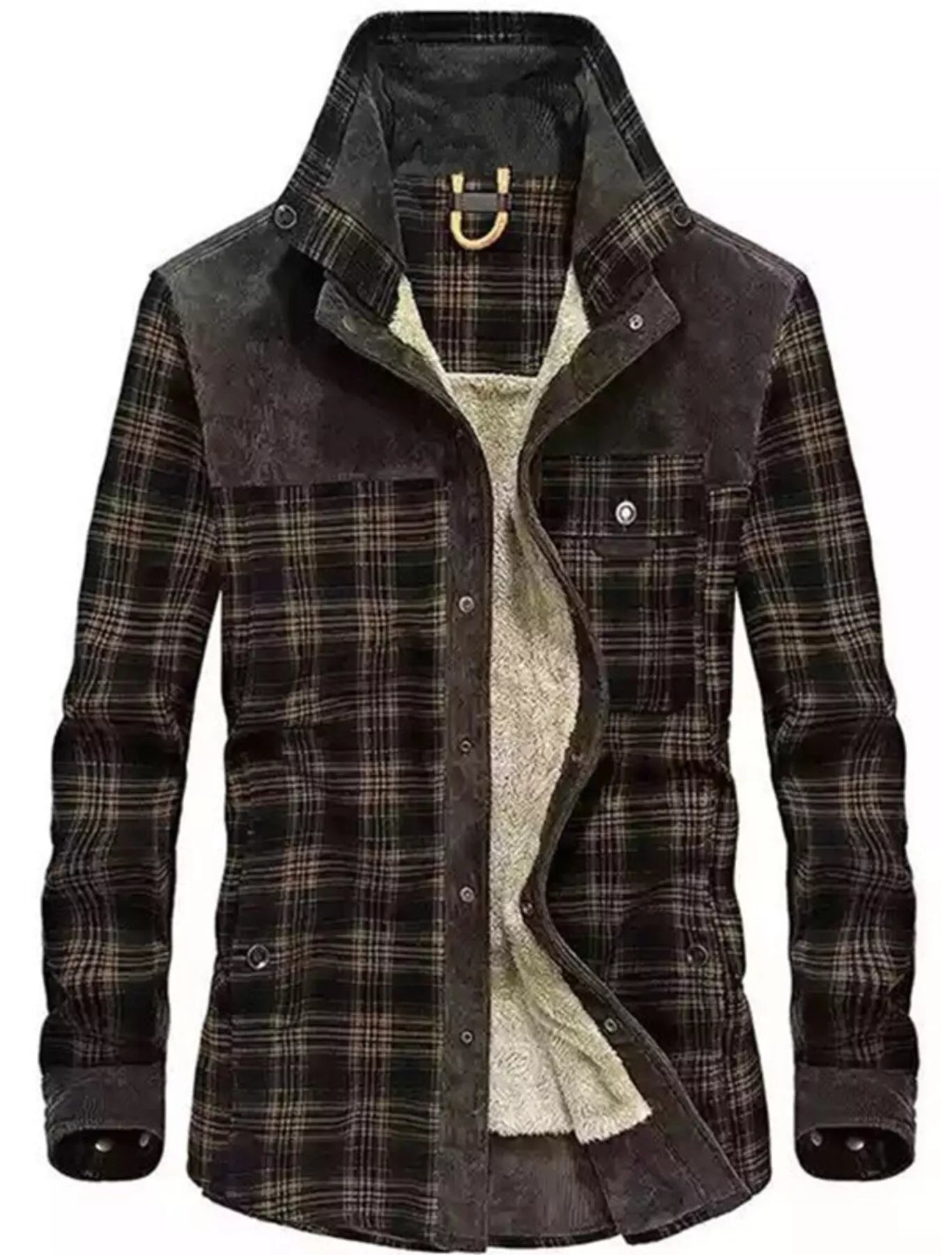 Men's plaid fleece-lined snap-down jacket in plus size by Shopimist, showing the front view with plaid pattern and snap buttons.
