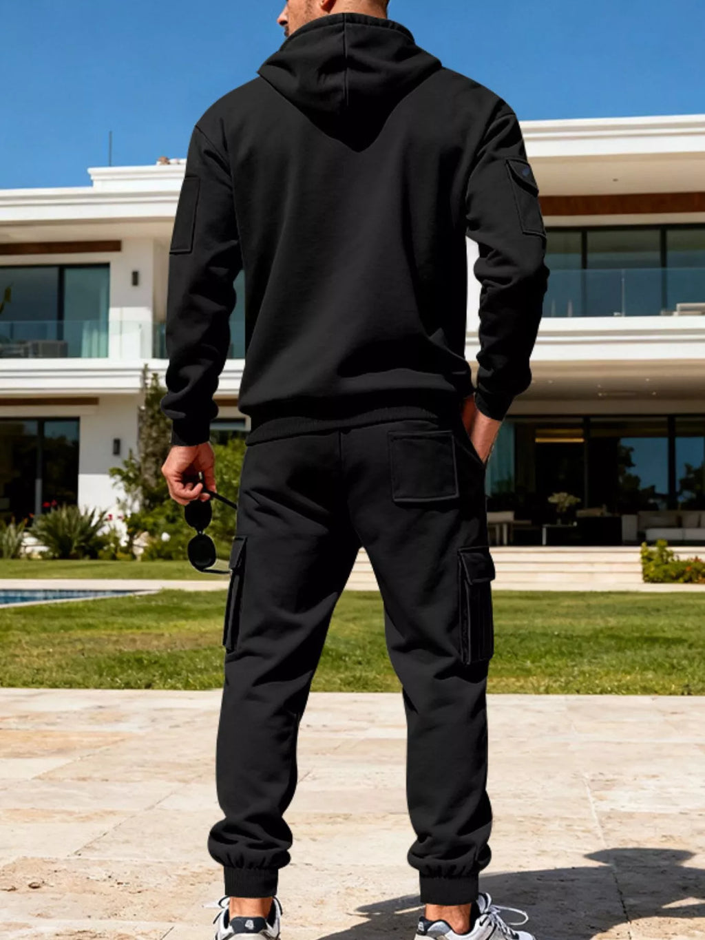Men's plus size full zip hoodie and cargo pants set by Shopimist, featuring a comfortable half-zip hoodie and versatile cargo pants.