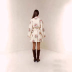Digital print lantern sleeve linen midi dress by FitiqueFit, loose fit casualwear with lantern sleeves and pullover style.