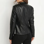 Women's Solid Color Long Sleeve Stand Collar Faux Leather Blazer